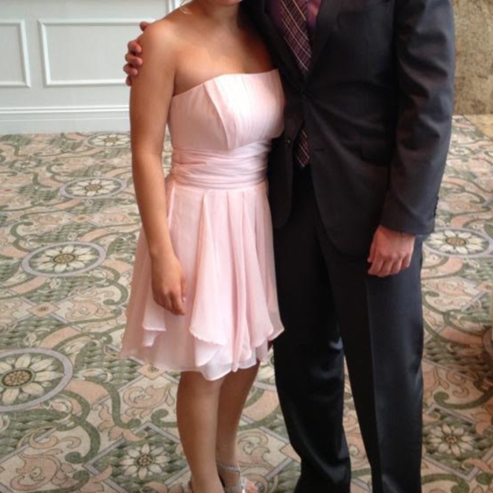 EUC Dress: Strapless, Chiffon, Cotton-Candy Pink, Knee-Length, Cascade Skirt